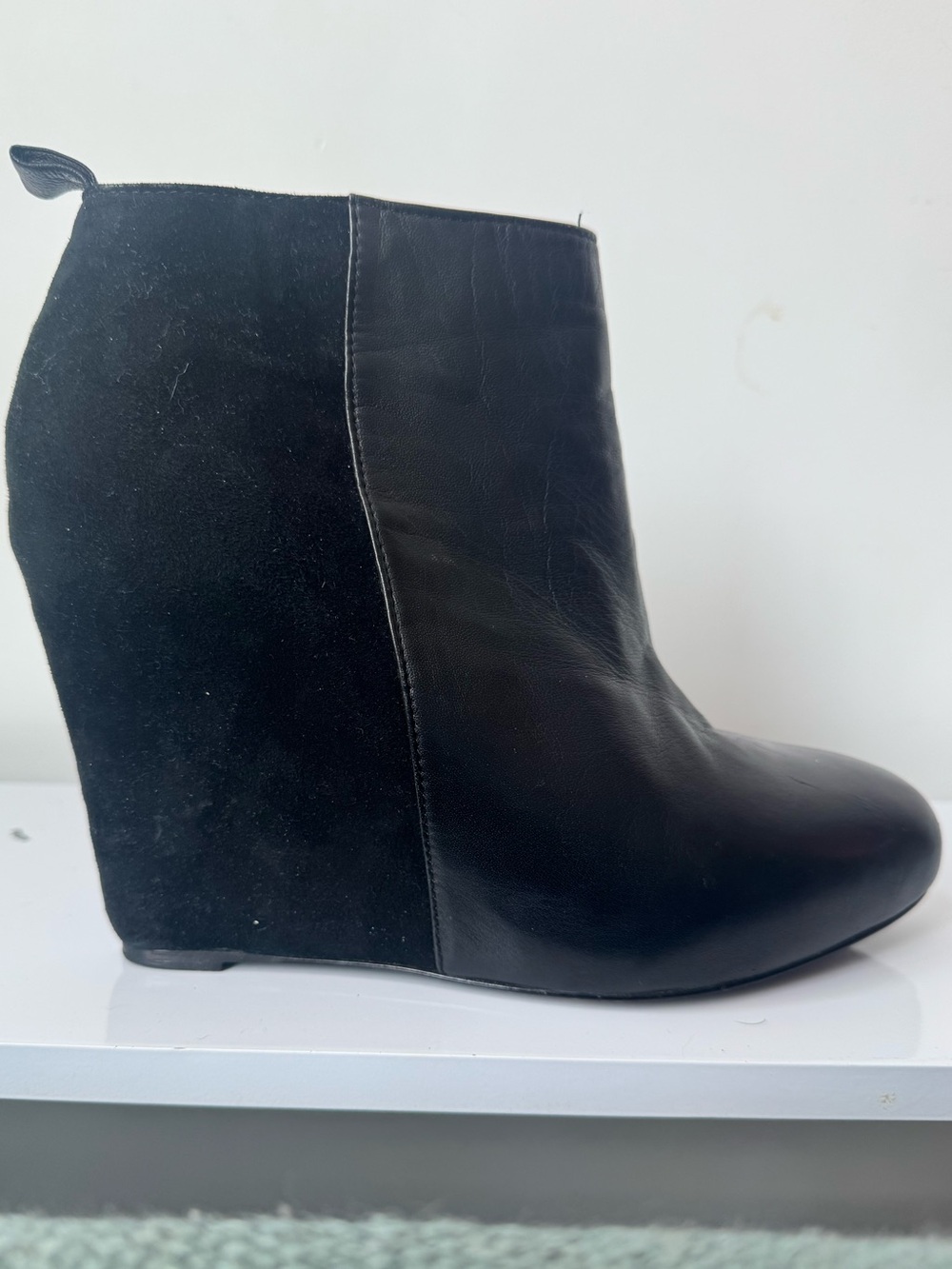 Pour La Victoire Mixed Media Black Leather & Suede Wedge Bootie